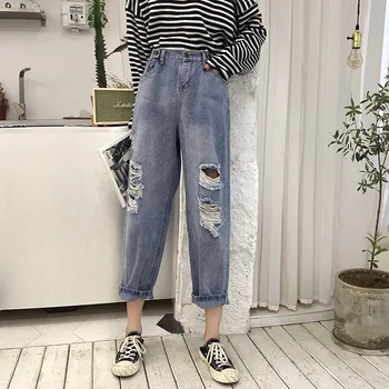 

2019ins Super Fire Nine Points Pants Hole Pants Strange Taste Young Girl Slim Jeans