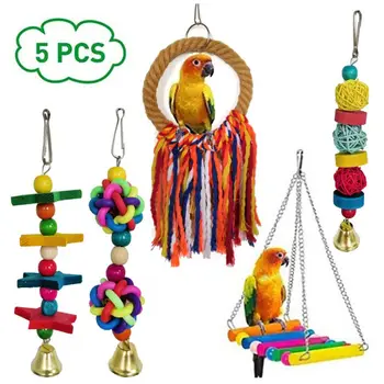 

5 Pcs Bird Cage Wood Block Swing String Stand Hanging Chewing Hollow Foraging Fun Parrot Toy for African Grey Eclectus