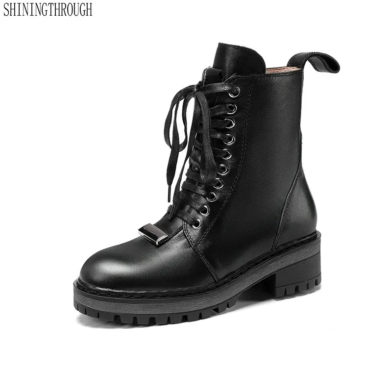 

Punk Round Toe Square Heels Women Ankle Boots lace up Western Shoes Woman 2019 New Genuine Leather Party Shoes