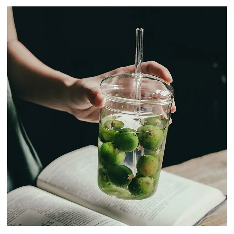 Creative Glass Cups for Coffee Tea Drinks Milk Water with Cup Simple Design Cover Straw Drinking coffee mug | Дом и сад