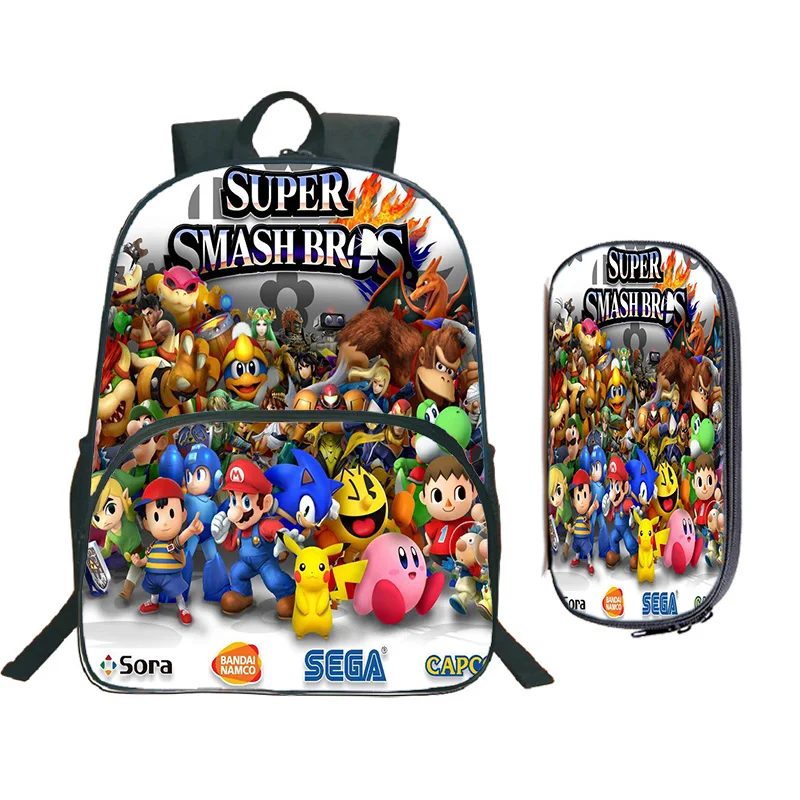 

High Quality Super Mario Smash Bros Backpack Students School Bags Fashion Colourful Pattern School Rucksack + Kids Pencil Case