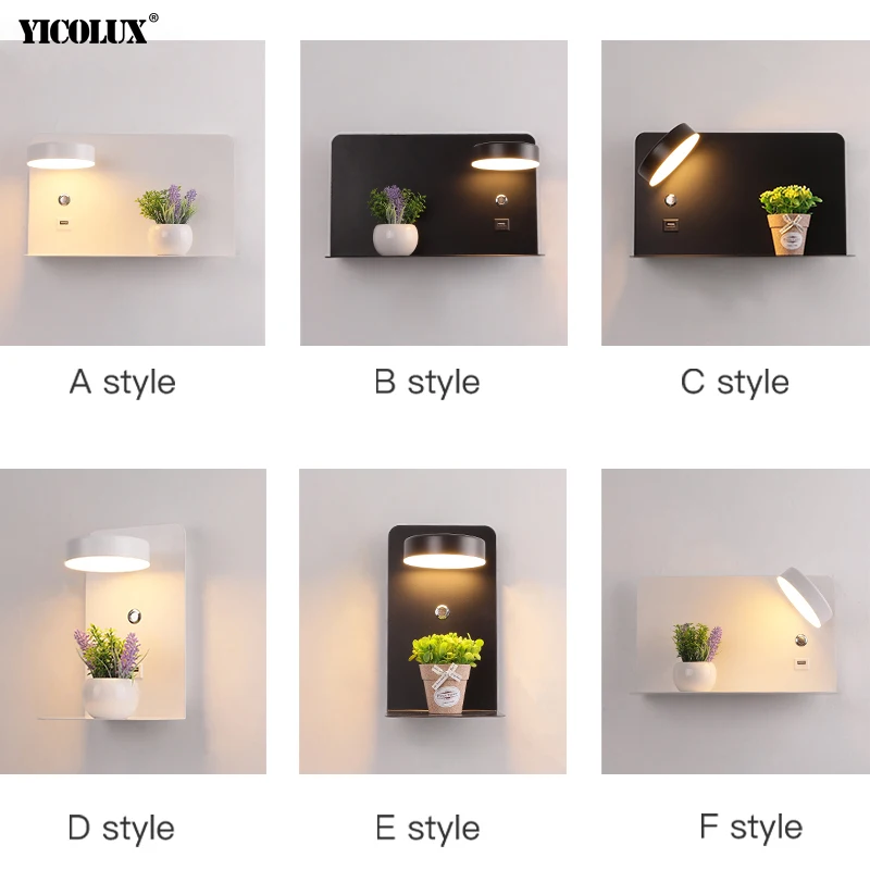 Details about   LED Wall Light Switch USB Interface Fashion White Black Lamp Holder Bedside Lamp 
