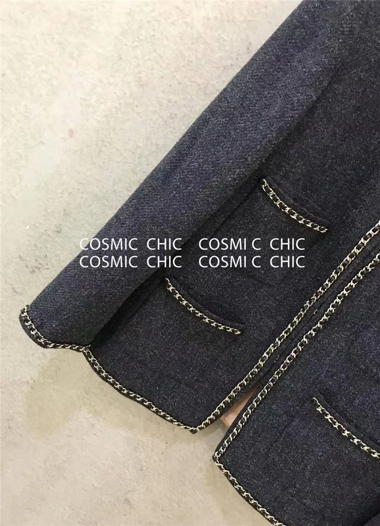 Cosmicchic осенне-зимняя женская шерстяная куртка с карманами и цепочкой, Высококачественная элегантная женская куртка с длинным рукавом на шелковой подкладке