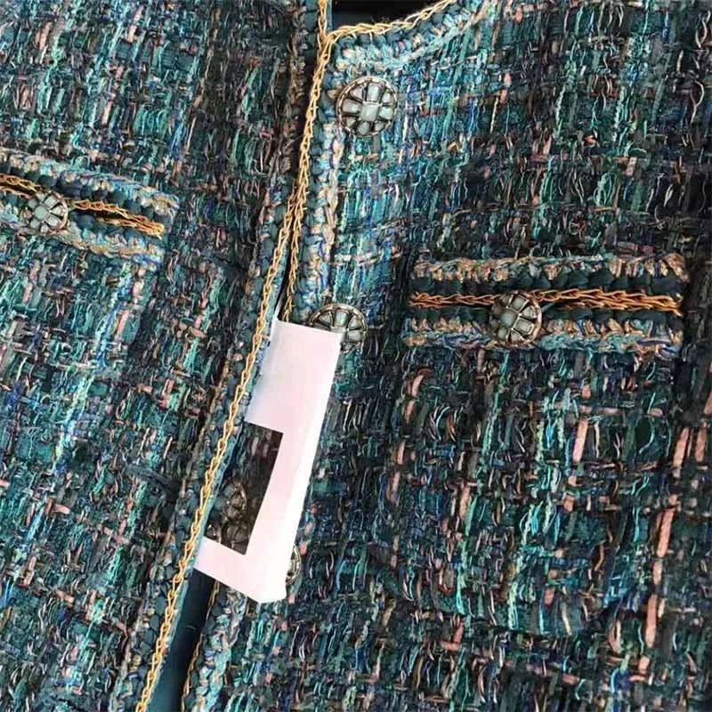 amazing  Cosmicchic Women Autumn Elegant Tweed Jacket Luxury Wool Tweed Short Coat OL Ladies Blue Pocket Jac