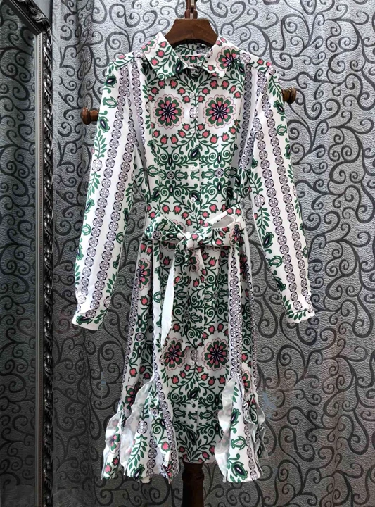 Ранняя осень г. Новое Женское платье с отворотами и принтом, сочетающееся с цветным галстуком на талии, с листьями лотоса, маятник 814