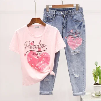 

Summer Fashion Beading Letter Print Tee shirt Femme Holes Denim Pants Two Piece Set Women Outfits Loose T shirt Jeans 2pc Female