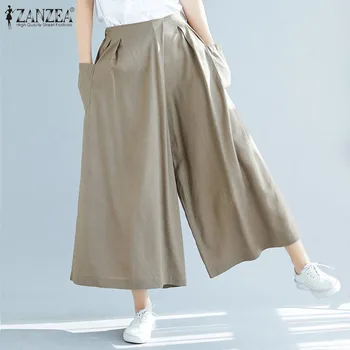 

ZANZEA Women Wide Leg Pants 2020 Fashion Lady Elastic Waist Long Trousers Casual Solid Pockets Pantalones Streetwear Plus Size
