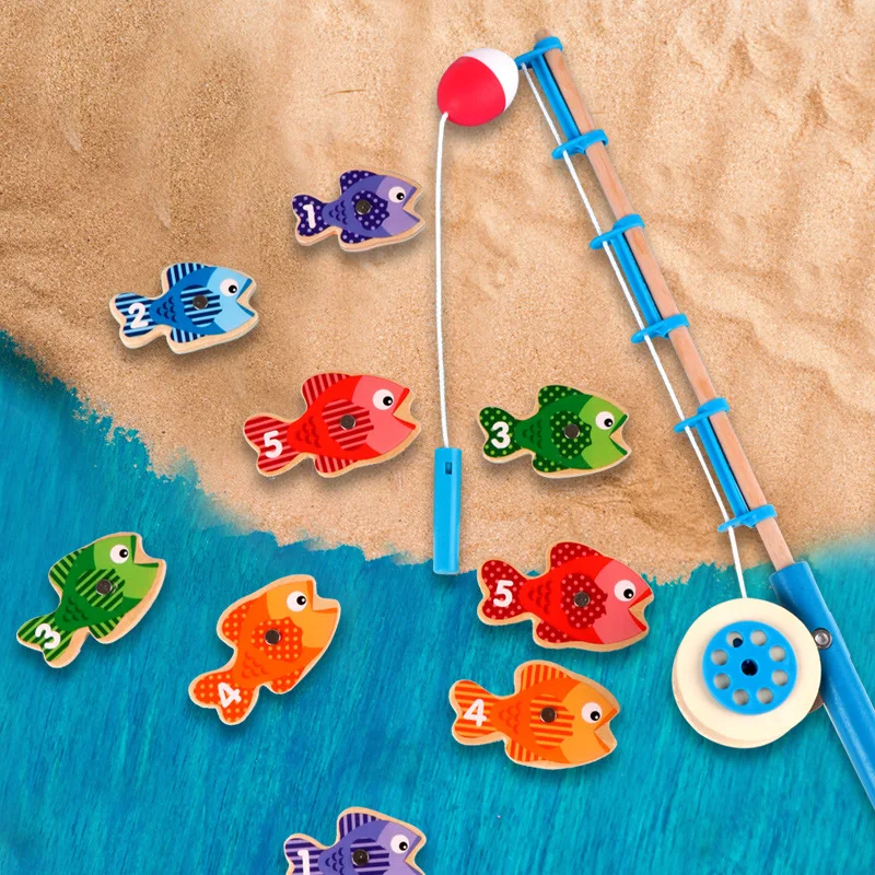 Wooden children's simulation magnetic fishing fun puzzle training key hand-eye coordination parent-child interactive toys gift