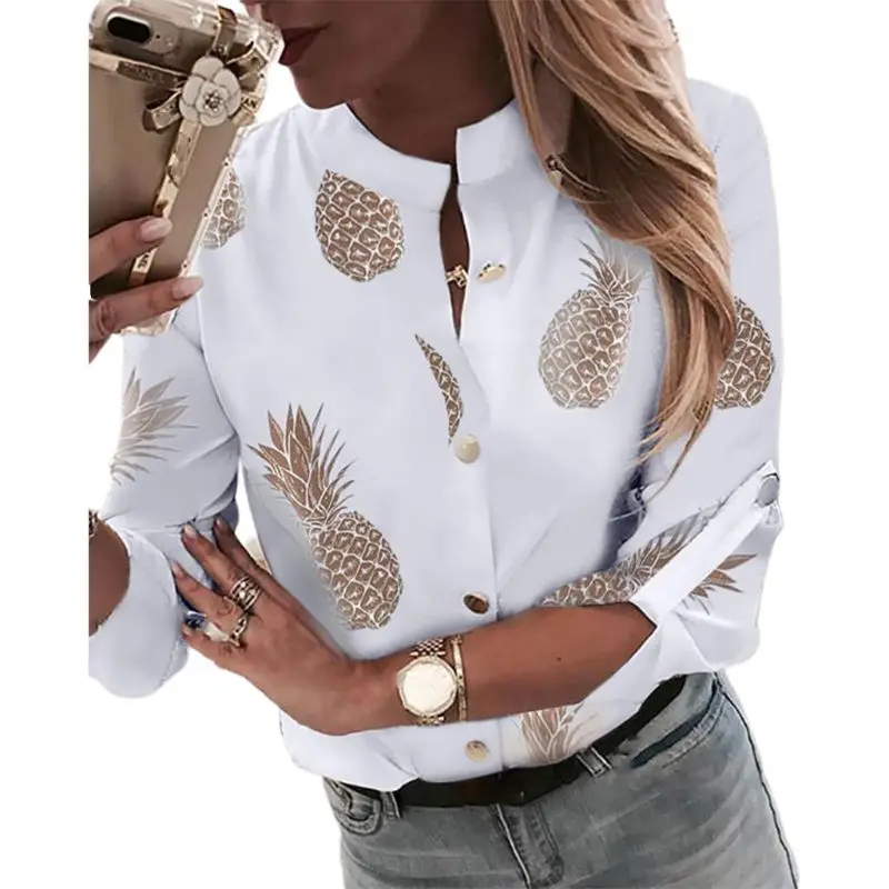 

Womens Plus Size Roll Up Long Sleeve Metallic Pineapple Printed Stand Collar Blouse Button Down V-Neck Casual Loose Tops