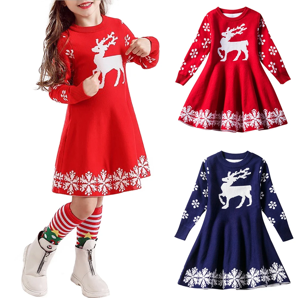 Рождественское платье для девочек; платье трапециевидной формы; Vestido infantil; сезон осень-зима; платья с длинными рукавами; Рождественская одежда с принтом лося; темно-синий/красный; D30