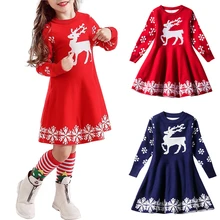 Рождественское платье для девочек; платье трапециевидной формы; Vestido infantil; сезон осень-зима; платья с длинными рукавами; Рождественская одежда с принтом лося; темно-синий/красный; D30