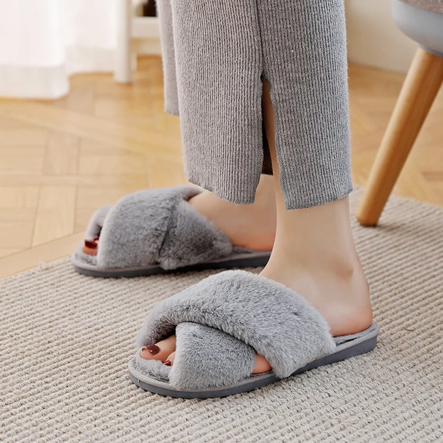 Winter Women House Slippers Faux Fur Fashion Warm Shoes Woman Slip on Flats Female Slides Black Pink cozy home furry slippers 4