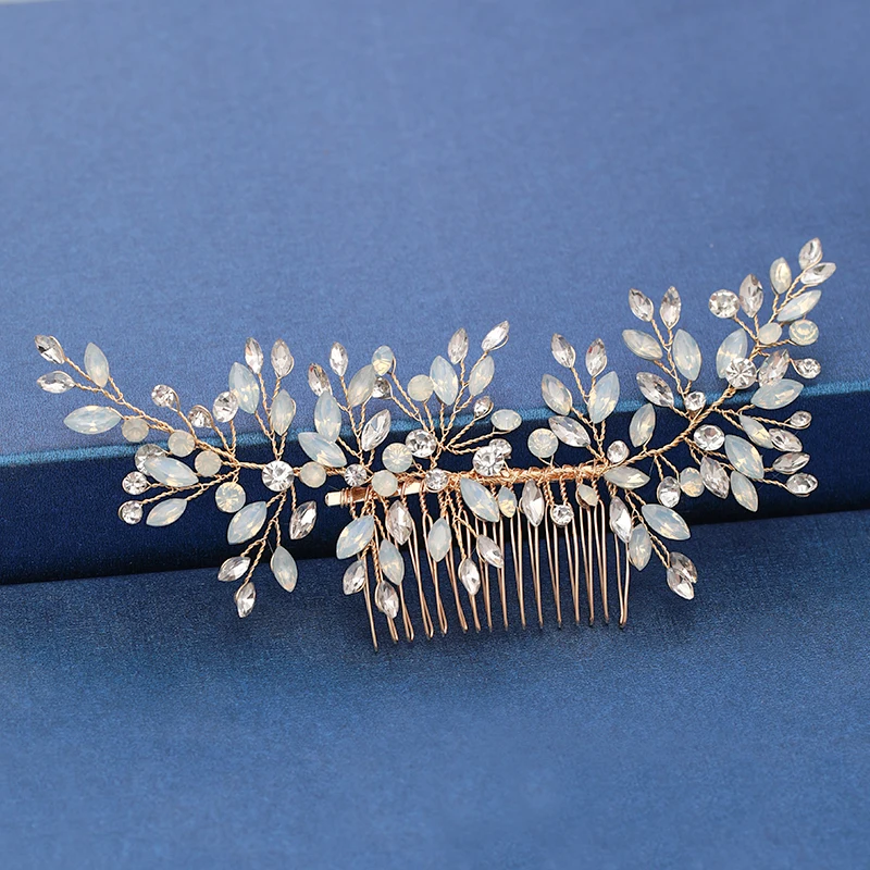 Trendy Handmade Tiara Wedding Hair Comb Leaf flower Bridal Headpiece Gold Pearl Rhinestone Head Jewelry Wedding Hair Accessories