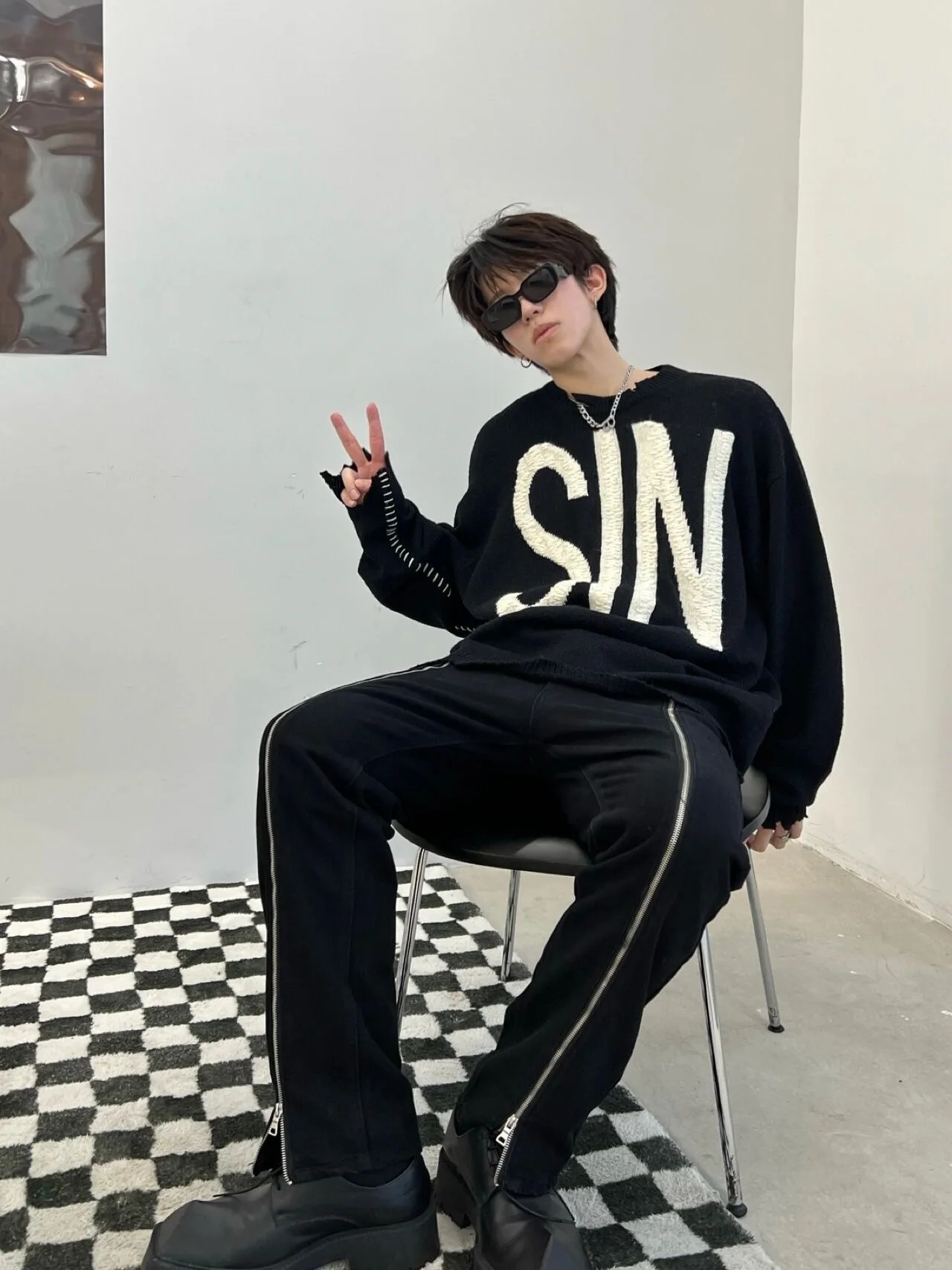 Men and Women SIN Letter Crew Neck Knitted Sweater Oversized Loose Casual Pullover Irregular Destruction Sweater mens pullover sweater