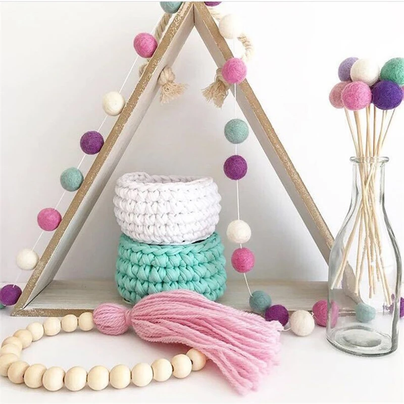 

2M Handmade Wool Felt Balls For Kids Room Nursery Pom Pom Garland Ornament INS Nordic Style Wall Hanging Home Decor Party Prop