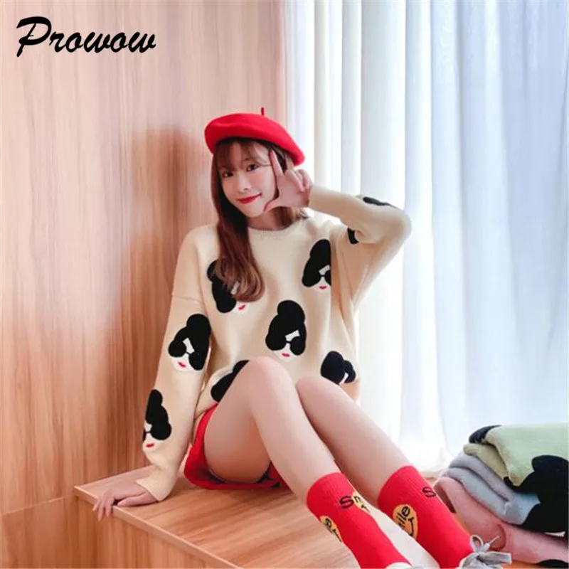 Бежевый Plus Size Knitted Sweater women tops Cartoon Embroidery Thicken Pullovers women Jumper Sweater Ladies Knit Top women Sweater - Цвет: Бежевый