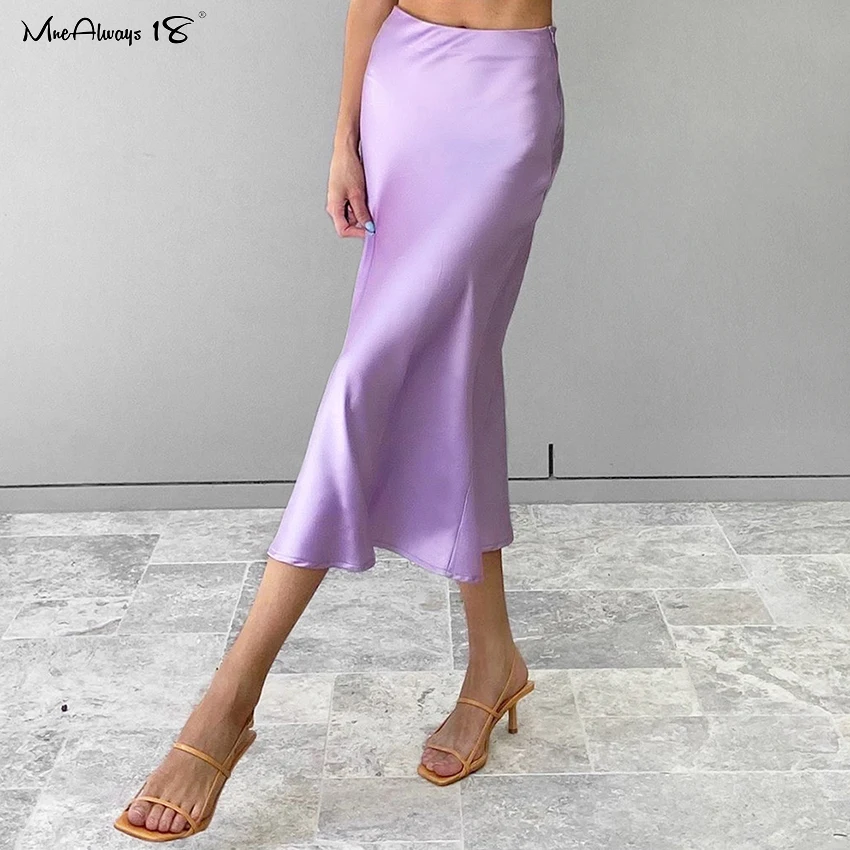 Mnealways18-falda de seda satinada para mujer, Falda larga de cintura alta, color púrpura, elegante, para oficina, Primavera, 2020