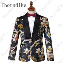 Thorndike дизайн мужской модный Королевский черный бархатный Цветочный Блейзер в полоску с вышивкой Свадебный Жених Стройный костюм пиджак певица костюм