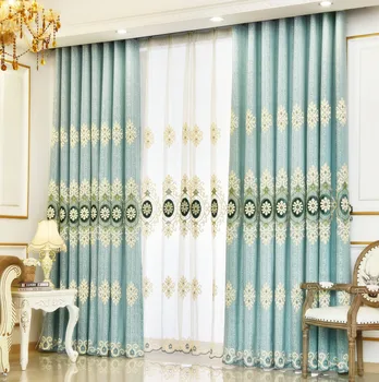 

Premium European Blue Chenille Sun Flower Embroidery Shading Luxury Curtains for Living Dining Room Bedroom