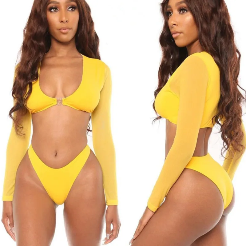 

Sexy Yellow Net Long Sleeve With Bikinis Set Women Swimwear Push Up Swimsuit Female Bathing Suit Beach Brazilian Girls Bathsuit