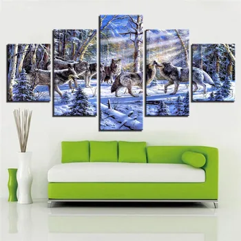 

Canvas Painting Modern Art Wall Decoration Frame Modular Pictures Landscape Oil Painting 5 Panel Animal Wolfs in the Forest