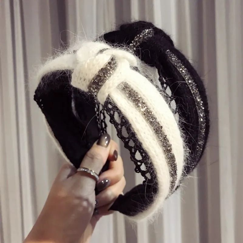 

Korean-Style Knitted Hollow Lace Headband Simple Hair Accessories Diamond Knotted Hairband Head Bands for Women Winter Wear