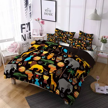 

African African Cartoon Animals Giraffe Lion Bedding Set Decor Duvet Covers 2/3 Pieces Ancient Print Bedspread Dropship