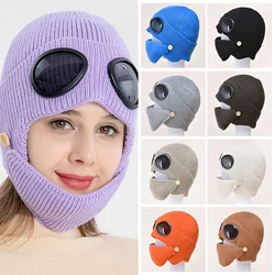Chapeau de moto en laine, casquette d'oreille en tricot Baraclava, avec masque pour les yeux en verre, casque de Ski, couleur unie, chapeaux épais 