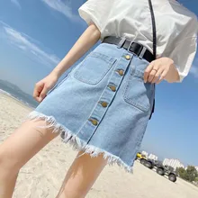 TASTIEN New Fashion Women Denim Short Skirt Jeans High Waist Summer Pockect Button Bandage Sweet Casual Mini Hot Skirt Plus size