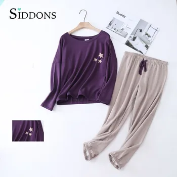 

Siddons Women Cotton Soft Pajamas Set 2 Pieces Sleepwear Plus Size Simple Long sleeves Women Autumn Winter Casual Homewear