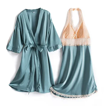 

Women Sexy Lace Patchwork Nightie Kimono Bathrobe Gown 2PCS Nighty&Robe Suit Homewear Sleepwear Bride Bridesmaid Wedding Robe
