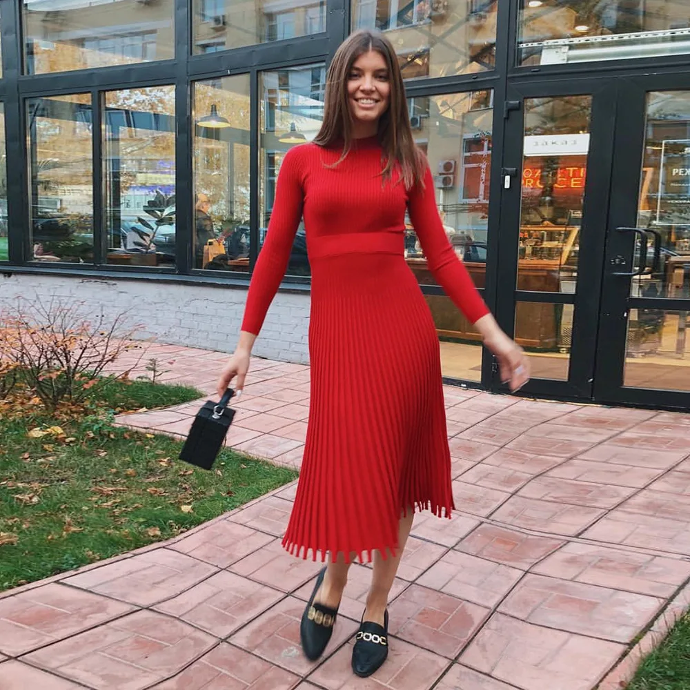 Vestido de punto plisado acanalado para mujer, suelto, de moda, con retazos, manga larga, cintura alta, de punto, vestido maxi femenino de otoño, nuevo