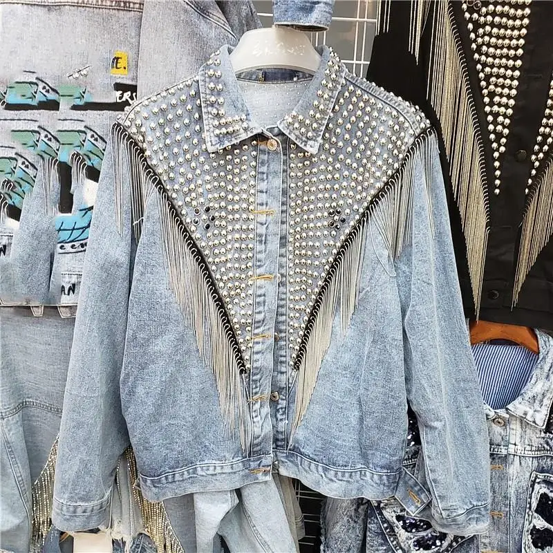 

2019 Female Fall Fringed Tassel Denim Jacket Women Korean Bf Style Short Loose Diamond Studded Jeans Jacket