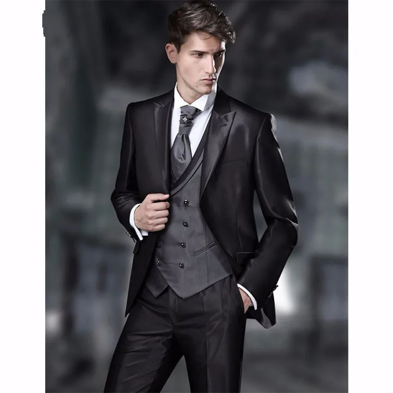 

Custom Made Vintage Groomsmen Groom Tuxedos Shiny Black Men Suits Wedding Business Mens Formal Wear (jacket+pants+Vest) K3589