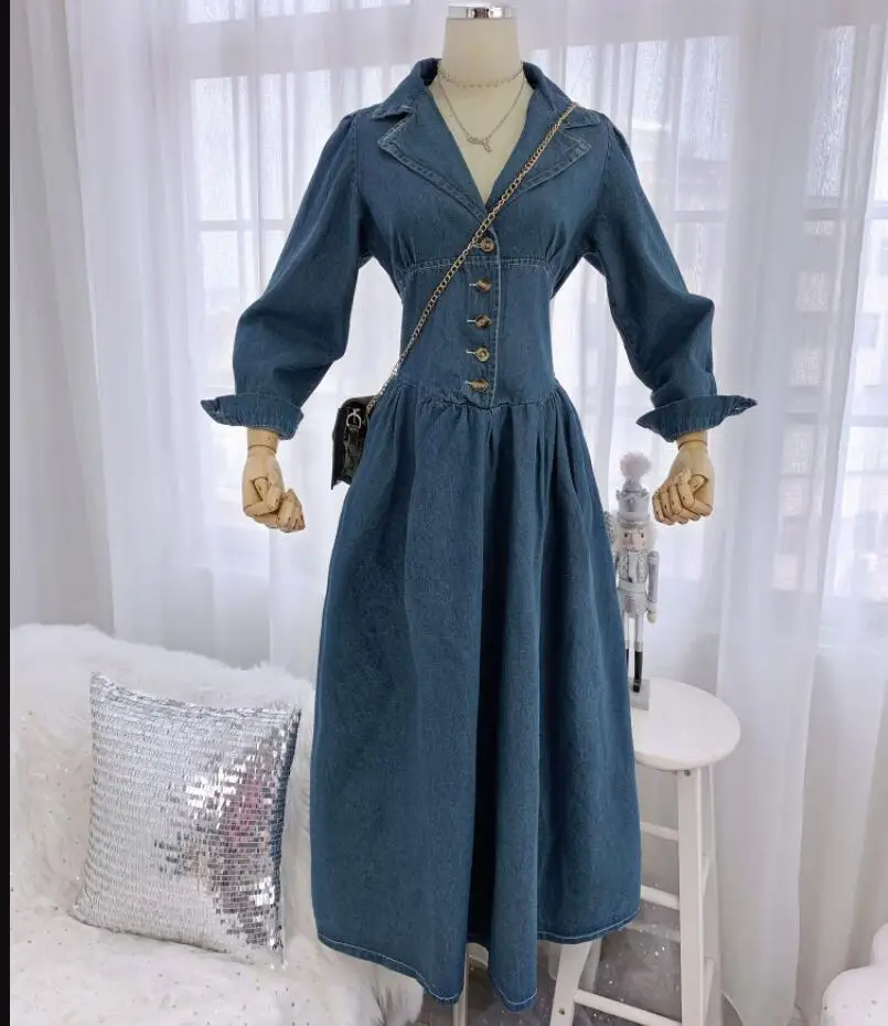 spring autumn vintage puff sleeve denim dress women v-neck high waist slim big swing long a-line dress