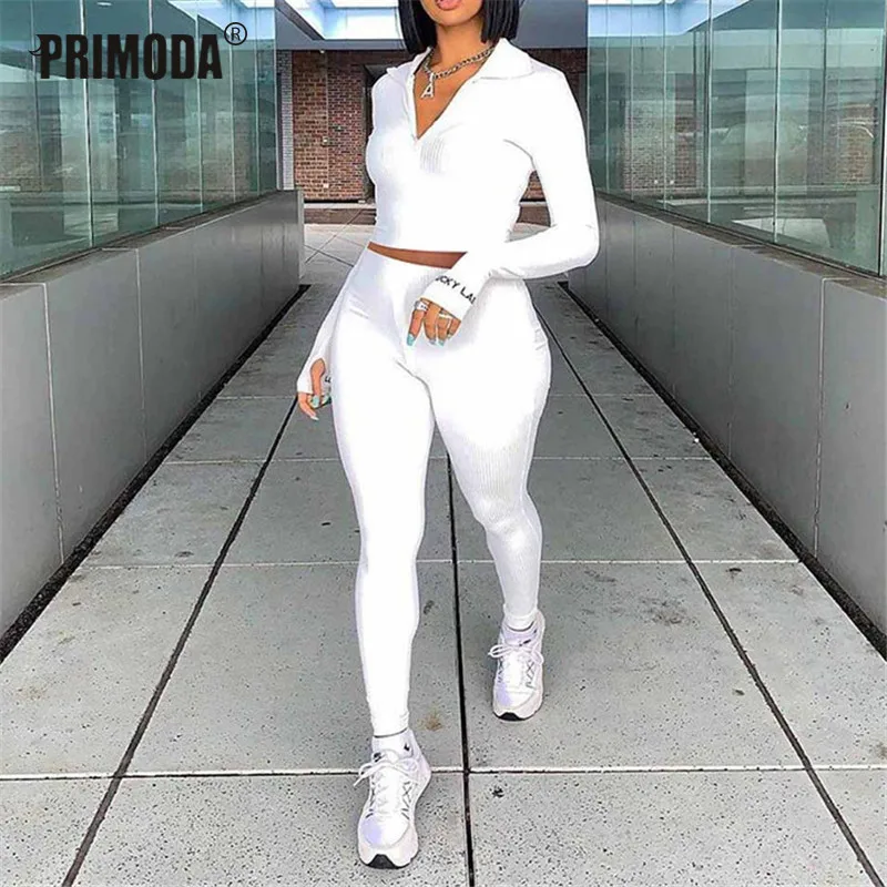 Two Piece Outfits Women Set Activewear Fit Elastic Crop Top Zipper Long Leggings Matching Tracksuit Female 10 Colors PR051M |