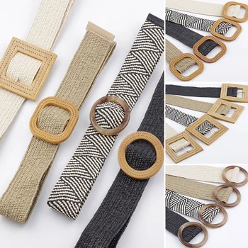 

Vintage Wax Rope Straw Elastic Braided Wide Belt Big Round Square Buckle Knitted Waist Belt 95cm Women Casual Jeans Dress Belts