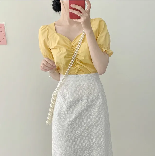 2021 New Girls Summer Blouse Women Shirt White Short Sleeves Tops High Waist Bud Silk Embroidery A Line Skirts Two Piece Suits 1
