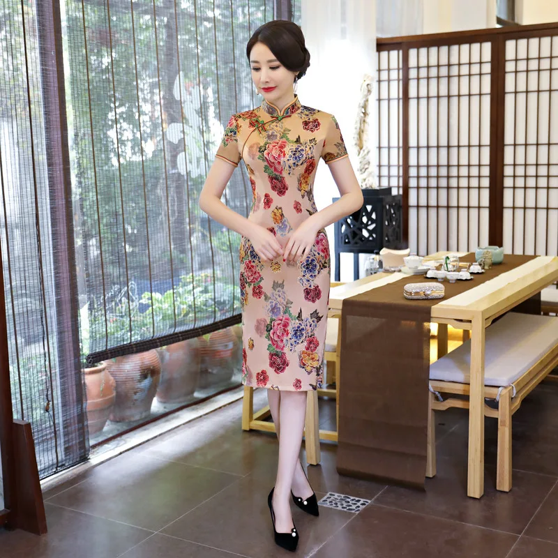 Традиционный цветочный принт для женщин Cheongsam тонкий низкий Сплит летний короткий Qipao винтажный Восточный вечер платье Vestidos