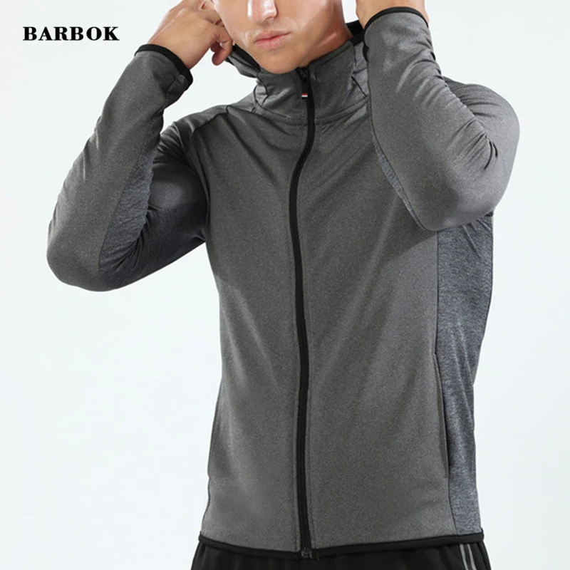 BARBOK, осенняя куртка для бега с длинным рукавом, Спортивная рубашка с капюшоном на молнии, футболки для бега, компрессионный Мужской Топ для занятий фитнесом