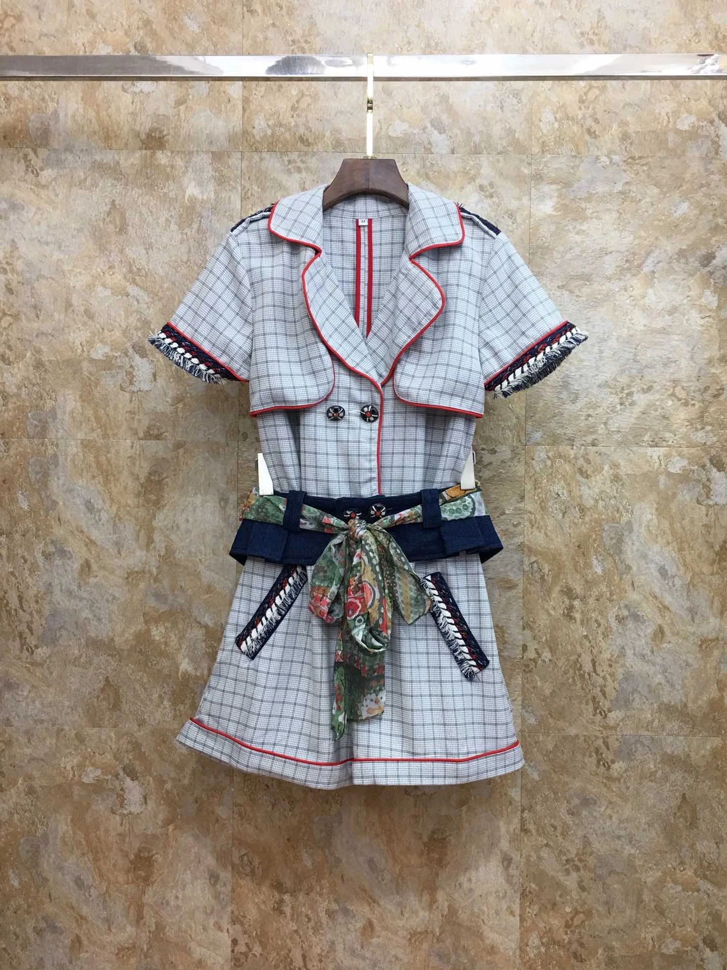 

2019 New Fashion Lapel Plaid Jumpsuit Preppy Style A-Line Geometric Short Sashes Knee-Length Regular Empire Turn-downCollar