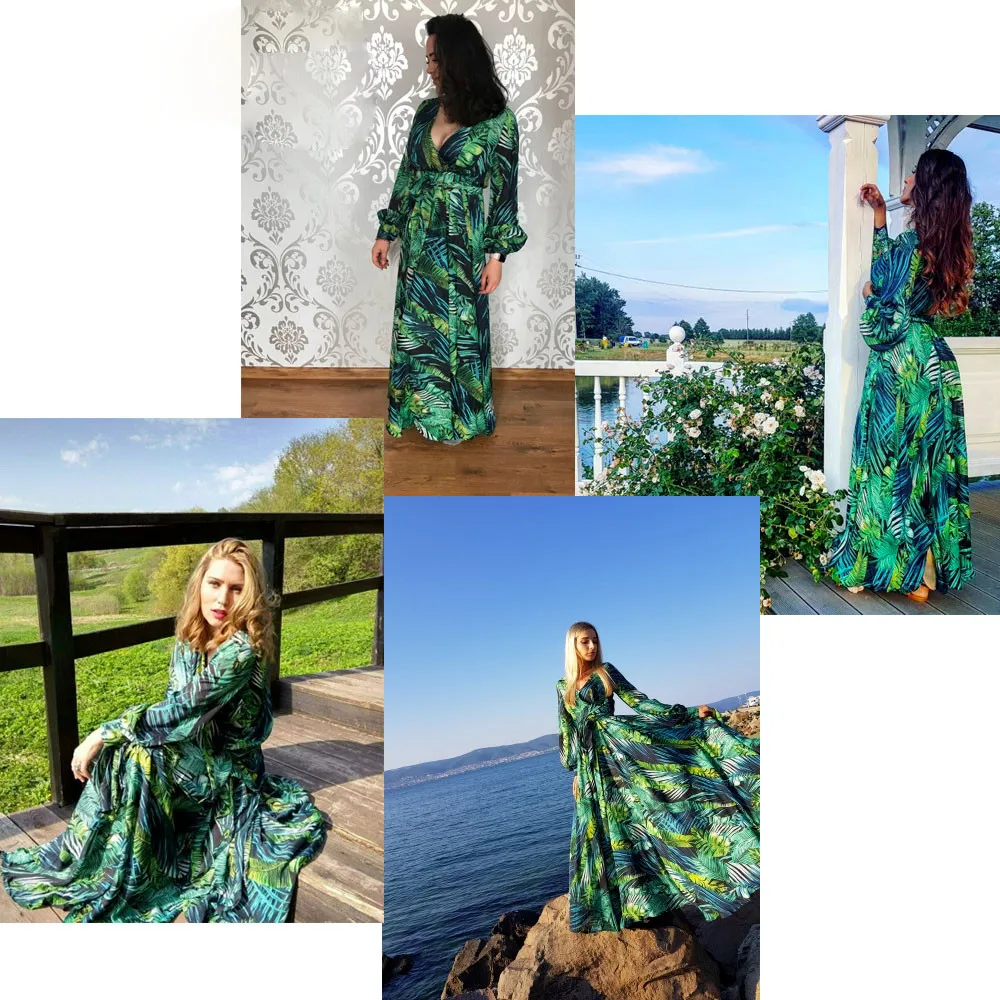 Plus Size Women's Boho Tropical V-Neck Lace-Up Green Print Maxi Dress for Summer Beach Casual Holiday image 6