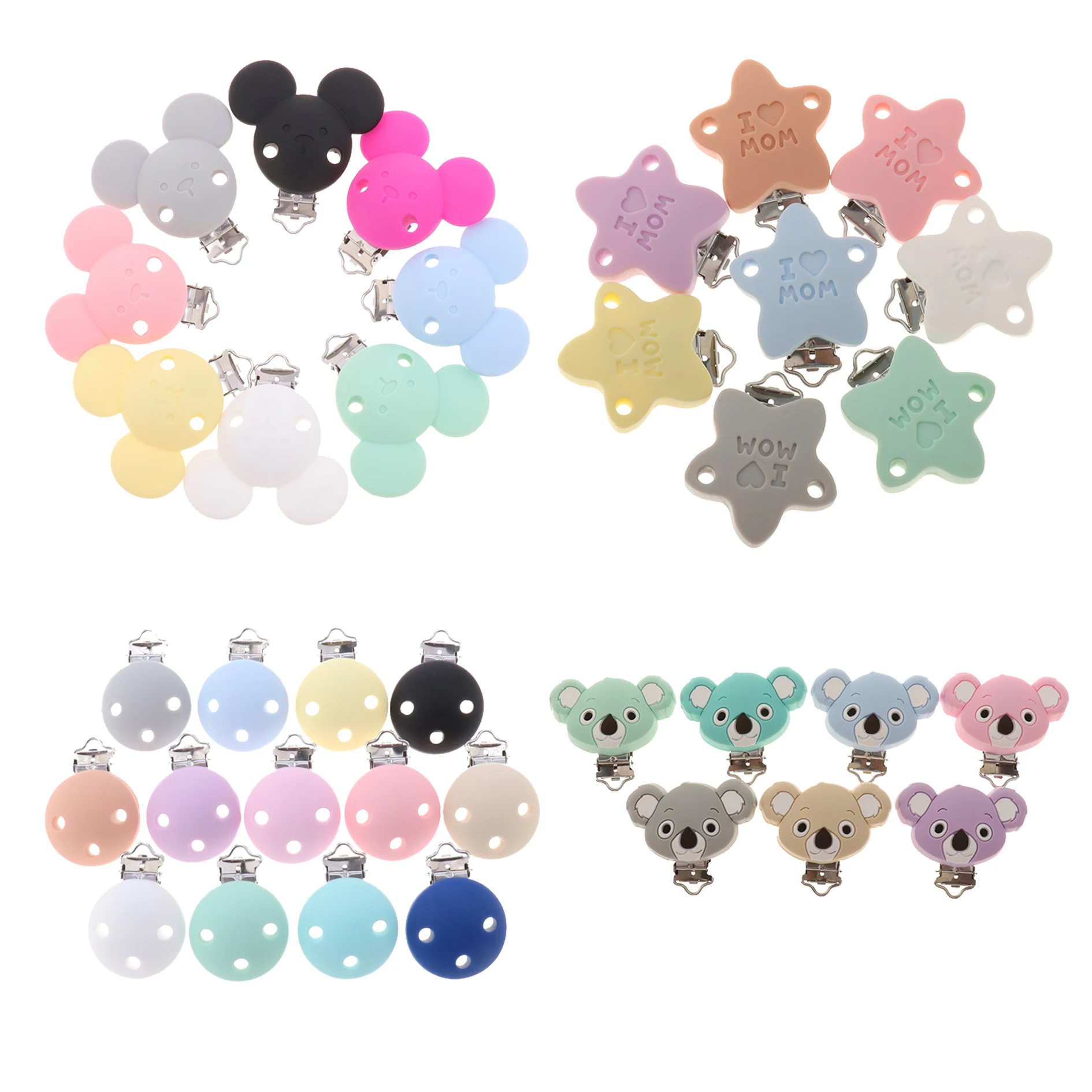 Fkisbox 2pcs Mouse Pacifier Clip Silicone Bead Baby Teether& Plastic Teething Accessories Nipple Clasps Toy DIY Round Koala