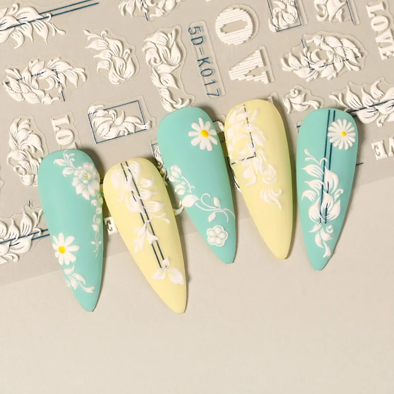 1Sheet White Embossed Flower Lace 5D Sticker Decal Wedding Nail Art Designs Floral Flower Transfer Decal Japanese Geometry nail stickers,nail art decoration,nail decals
