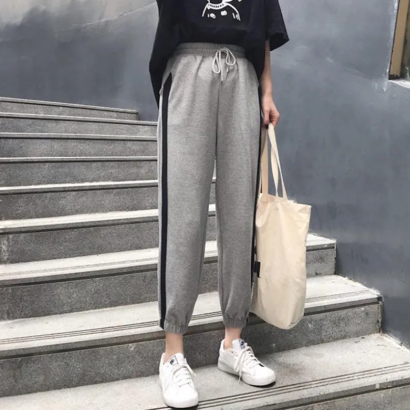 

Women's Side Stripe Casual Jogger Pants Plus Size Female Fashion Loose High Waist Drawstring Ninth Pants Korean Harem Trousers