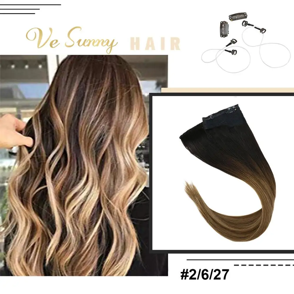 

VeSunny Invisible Halo Hair Extensions 100% Real Human Hair Fishing Wire with 2 Clips Balayage Ombre Brown to Caramel #2/6/27