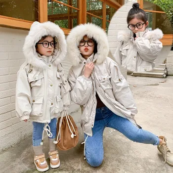 

Parent-child wear 2020 winter new boys and girls cotton clothing quilted figure mink wool big fur collar to overcome