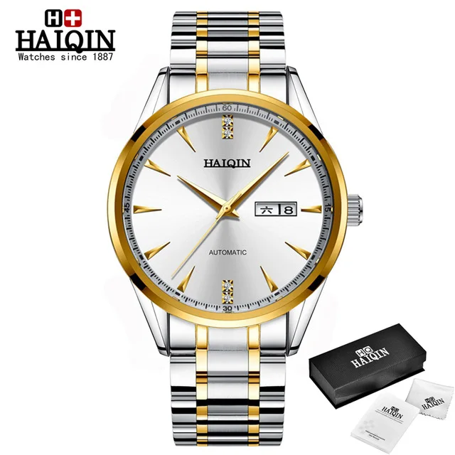 gold white HAIQIN Роскошные Брендовые мужские часы, автоматические часы с датой, мужские механические/деловые часы, мужские полностью стальные водонепроницаемые спортивные часы - Цвет: gold white