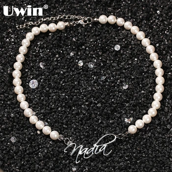 

Uwin Round Pearl Necklace with Custom Art Font Pendant Zircon Miami Chains for Women Fashion Jewelry Vacation Accessories
