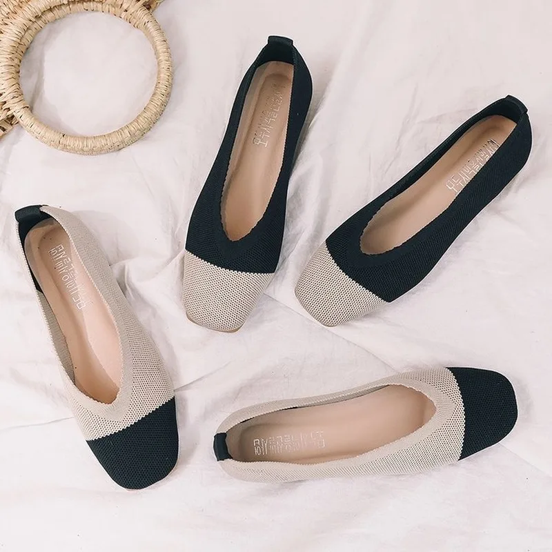 

New spring and autumn 2019 one-piece shoes for women with color-matching knit mesh flat shoes